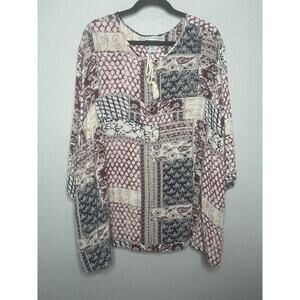 Catherine’s Cream Navy Burgundy Patchwork Paisley Boho Lightweight Blouse Sz 4X